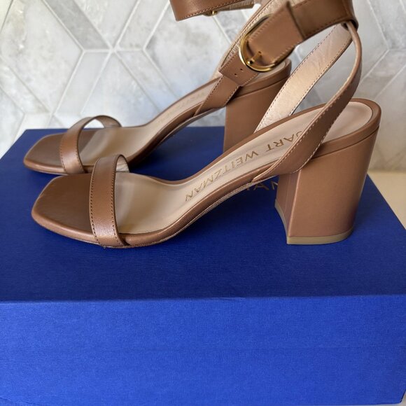 Stuart Weitzman S 5.5B Heeled Sandal with Strap Buckle Tan Brown Nearly Bare New - Picture 3 of 9
